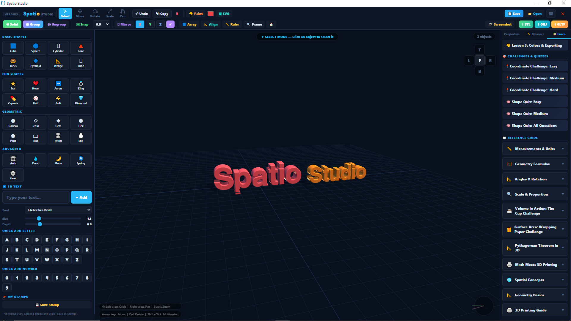 Spatio Studio interface: shape library sidebar, 3D scene viewport with 'Spatio Studio' 3D text, and quest panel sidebar